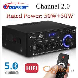 AK 45 PRO radio pojačalo 100W/50W x 2 prave snage  najnovije model AK45 pojacala koje je bilo 80W a sada nov model AK 45 PRO ima 100W i ima duplo veci i bolji daljinski za jos lakse koriscenje. Bluetoothom 5.0,2 ekvilajzera za bass i visoke tonove, 2 priključka za mikrofone, veliki potenciometar za pojačavanje tona, USB priključkom za usb flash memoriju, čitač memorijske kartice, FM radio, činč priključke, ima kvalitetan daljinski, radi na 220v a može i na 12v, ukoliko želite da koristite pojačalo u kolima ali trebalo bi da znate da je vecih dimenzija.  Radi sa zvučnicima od 4-16 oma.  Uz pojačalo dobijate: - daljinski, kabl za struju 220V.  Napomena svi naši uređaji su u pravim snagama a ne kao sto neki navode kod svojih pojačala kao sto su Tely ili neka druga 400, 800 W sinusne snage a u stvari su 20 W prave snage.